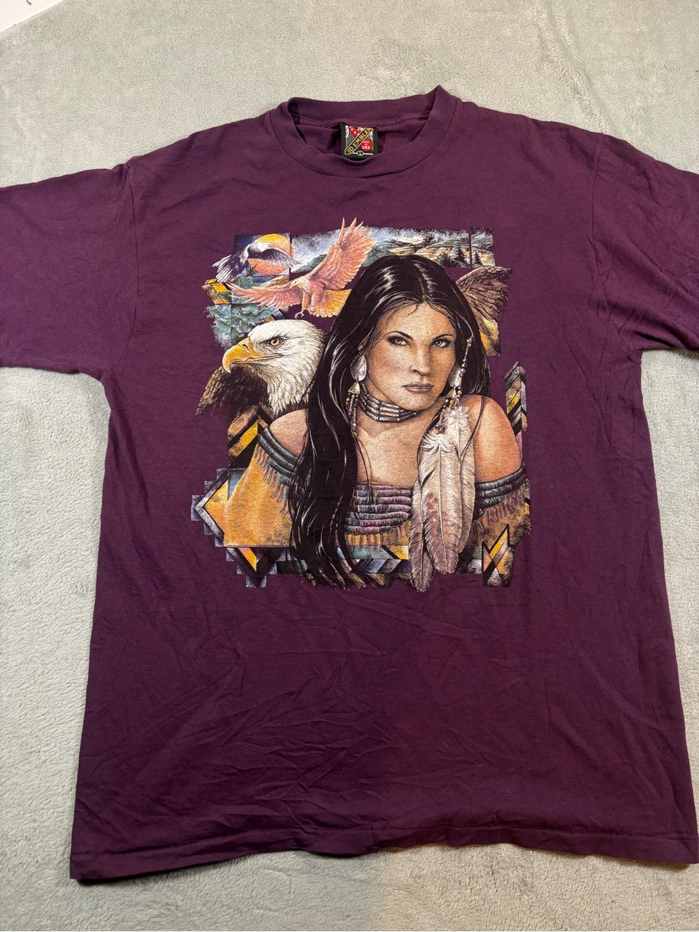Vintage 90s 3D Emblem Native American Eagle Graphic T-Shirt L Purple/Burgundy